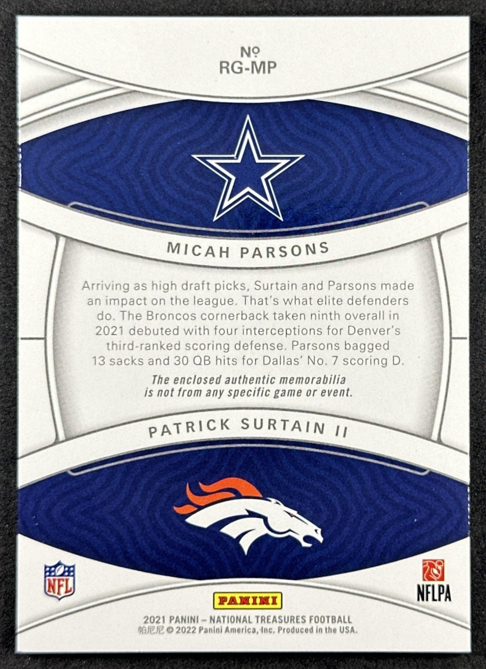 Micah Parsons Patrick Surtain /99 Patch 2021 National Treasures Rookie Cowboys Broncos Sports Trading Cards