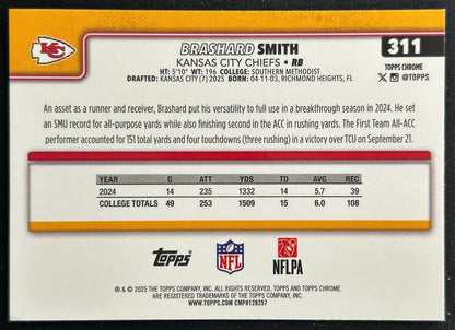 Brashard Smith 2025 Topps Chrome Rookie Chiefs Sports Trading Cards