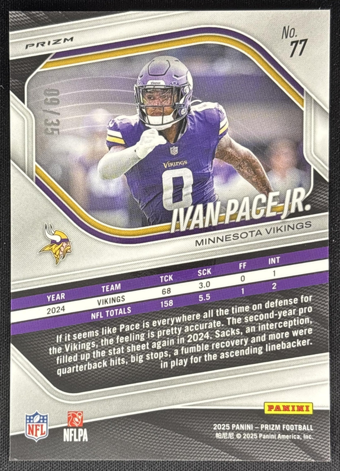 Ivan Pace Jr. 2025 Panini Prizm Blue Shimmer /35 Vikings Sports Trading Card