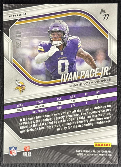 Ivan Pace Jr. 2025 Panini Prizm Blue Shimmer /35 Vikings Sports Trading Card