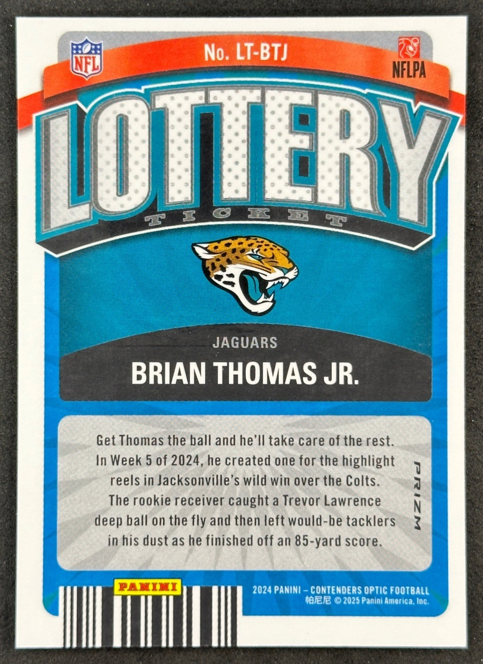 Back of Brian Thomas Jr. 2024 Contenders Optic Lottery Ticket Jaguars sports trading card