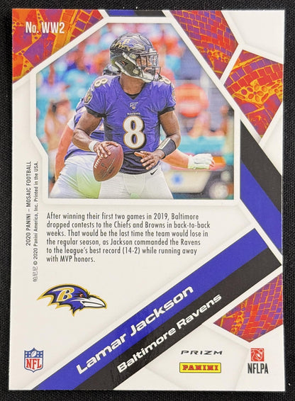 Lamar Jackson 2020 Panini Mosaic Will to Win Prizm Green Ravens Sports Trading Card