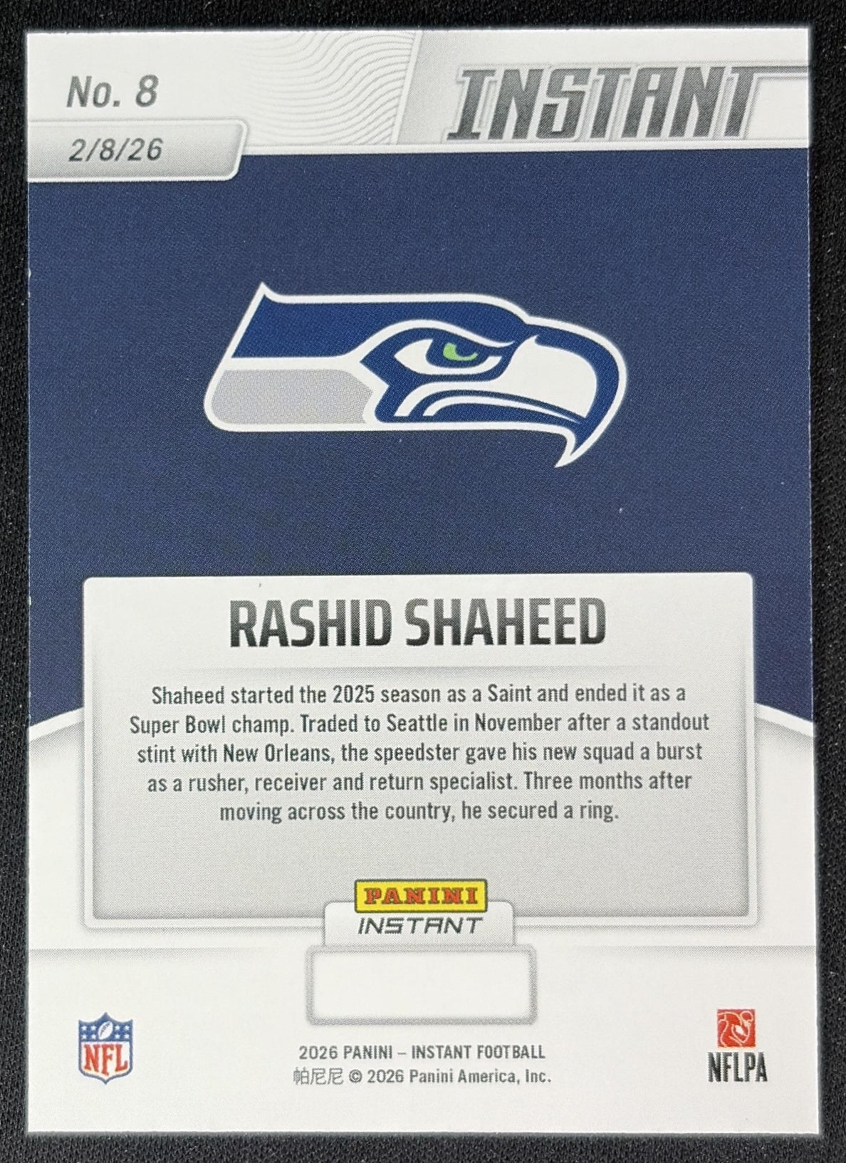 Rashid Shaheed 2026 Panini Instant Super Bowl LIX Champions Seattle Seahawks back