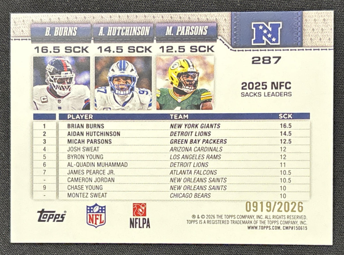 Aidan Hutchinson Brian Burns Micah Parsons 2026 Topps Gold /2026 Giants Lions Packers Sports Trading Card