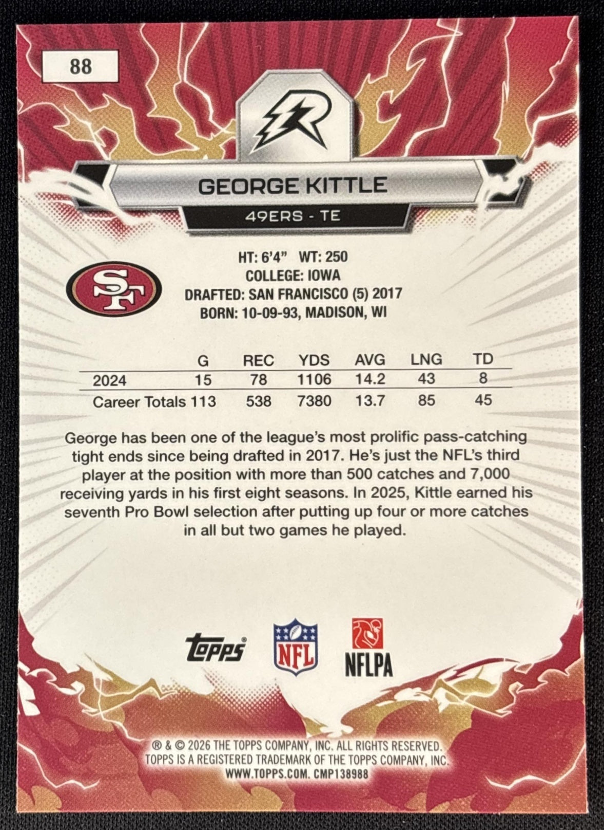 George Kittle 2025 Topps Resurgence Sky Blue and Pink Shock Refractor 49ers San Francisco 49ers Sports Trading Cards