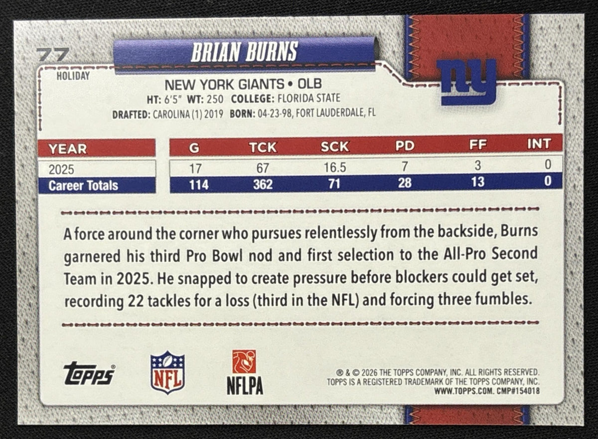 Brian Burns 2026 Topps Holiday Light Blue and White Glitter Giants | New York Giants
