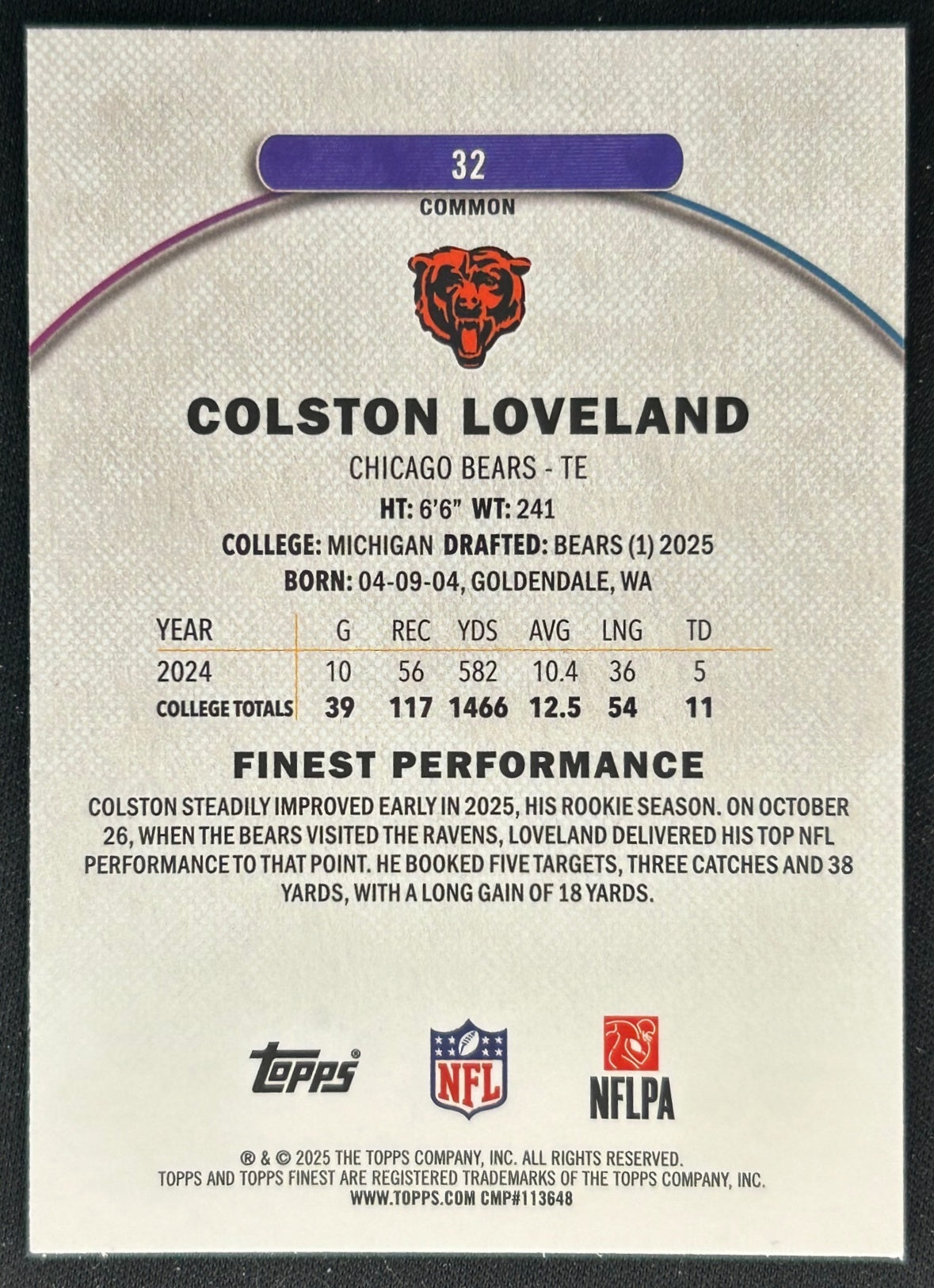 Colston Loveland 2025 Topps Finest Bears Sports Trading Cards