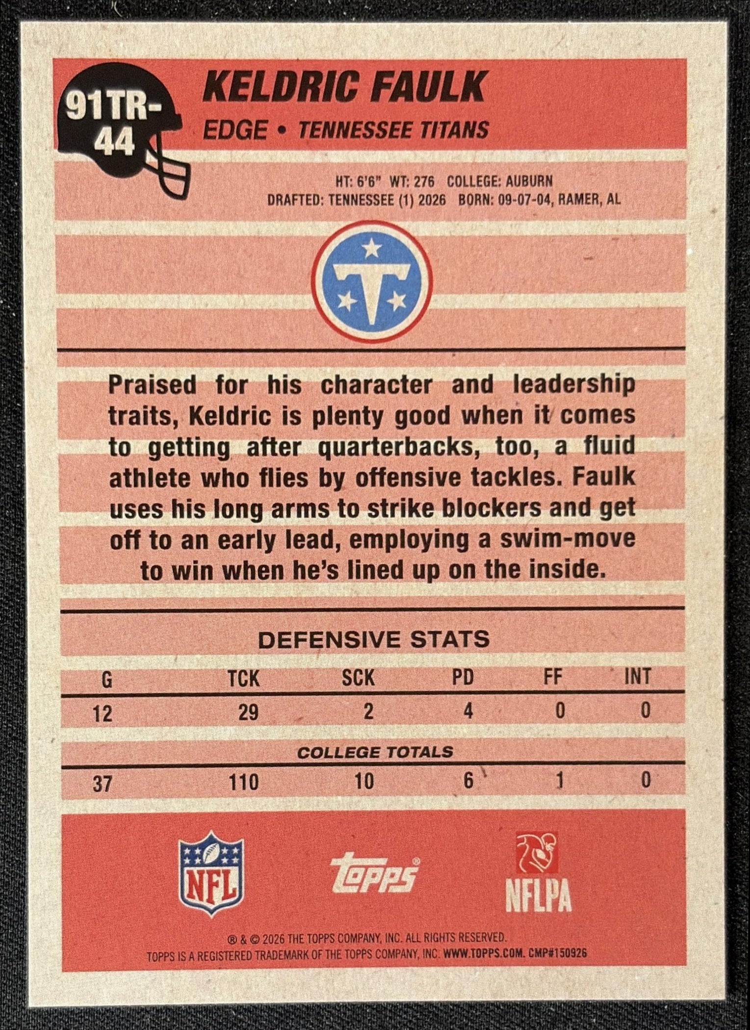 Keldric Faulk 2026 Topps 1991 Rookie Titans back