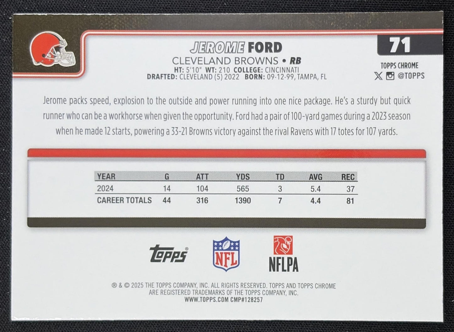 Jerome Ford 2025 Topps Chrome Purple Refractor /75 Browns