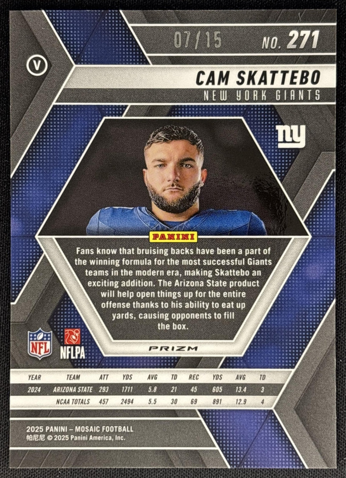 Cam Skattebo 2025 Panini Mosaic Rookie Variation Tessellation Prizm /15 Giants Sports Trading Card