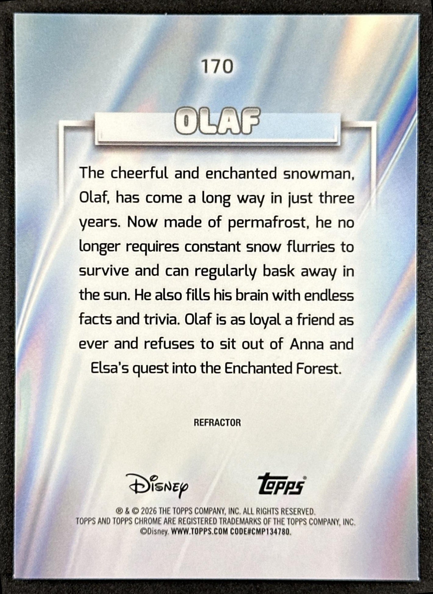 Olaf 2026 Topps Chrome Disney Refractor Frozen II Back
