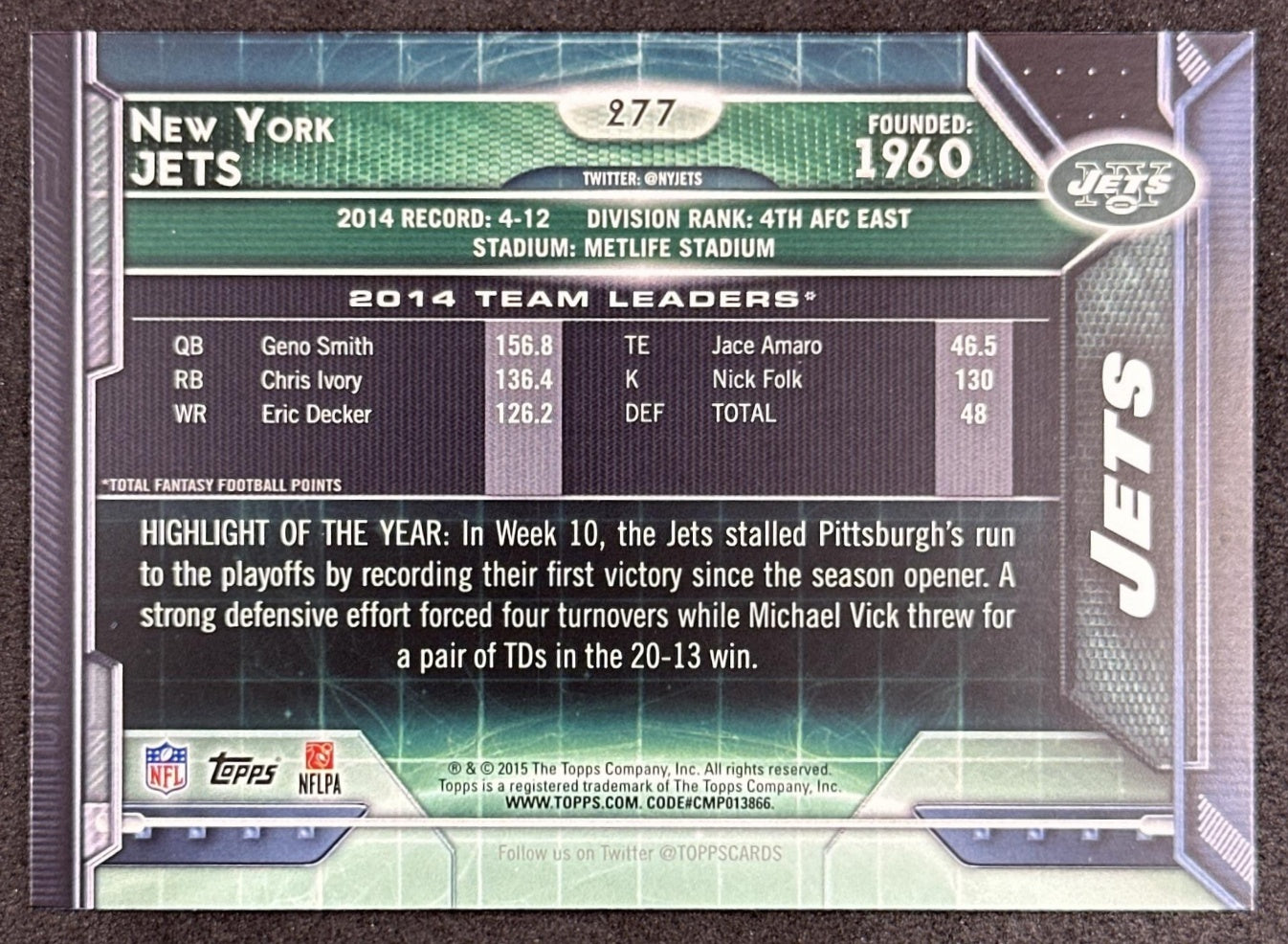New York Jets 2015 Topps Sports Trading Card