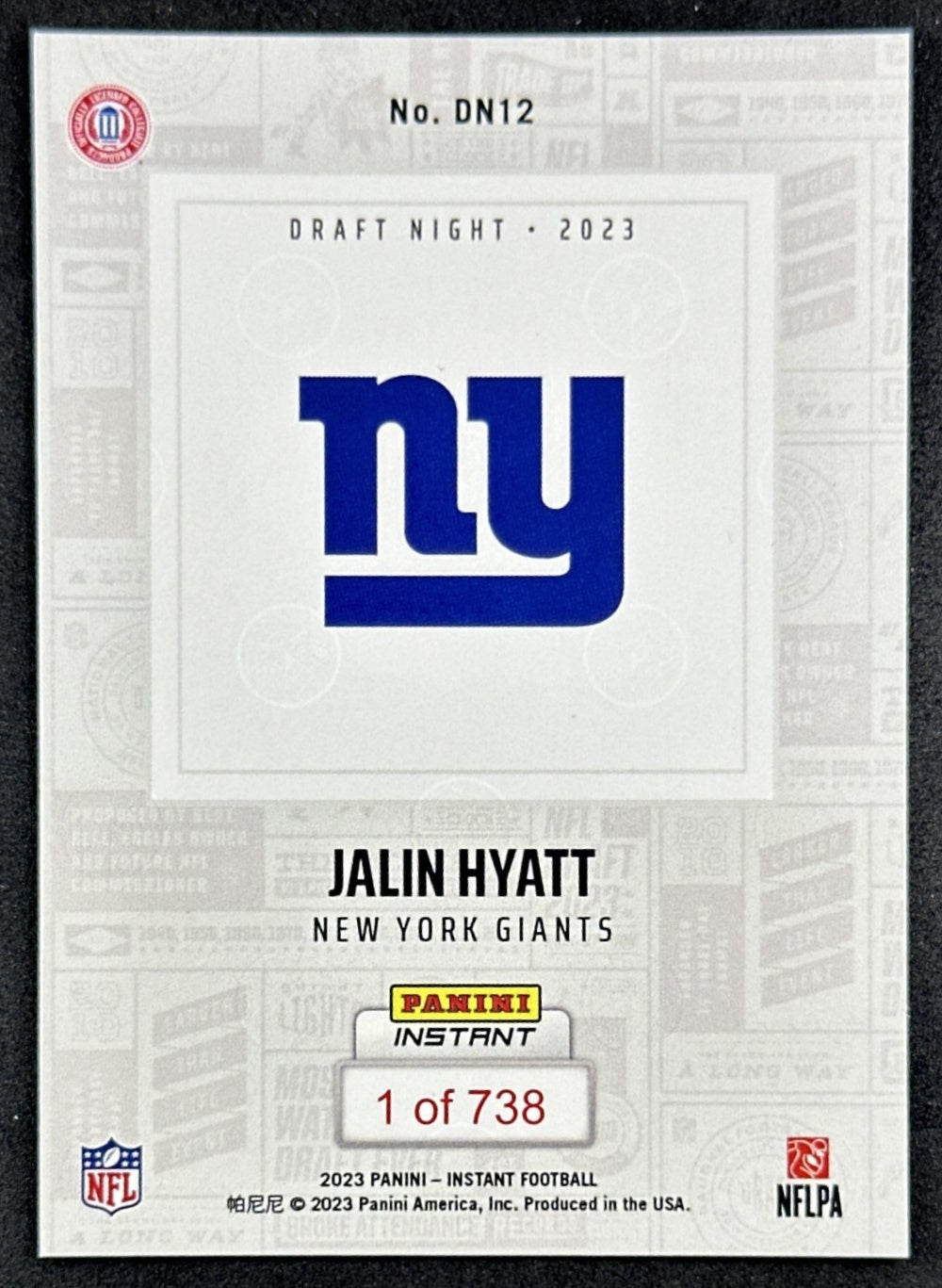 Jalin Hyatt 2023 Panini Instant Draft Rookie /738 Giants back sports trading card