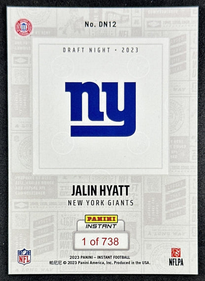 Jalin Hyatt 2023 Panini Instant Draft Rookie /738 Giants back sports trading card