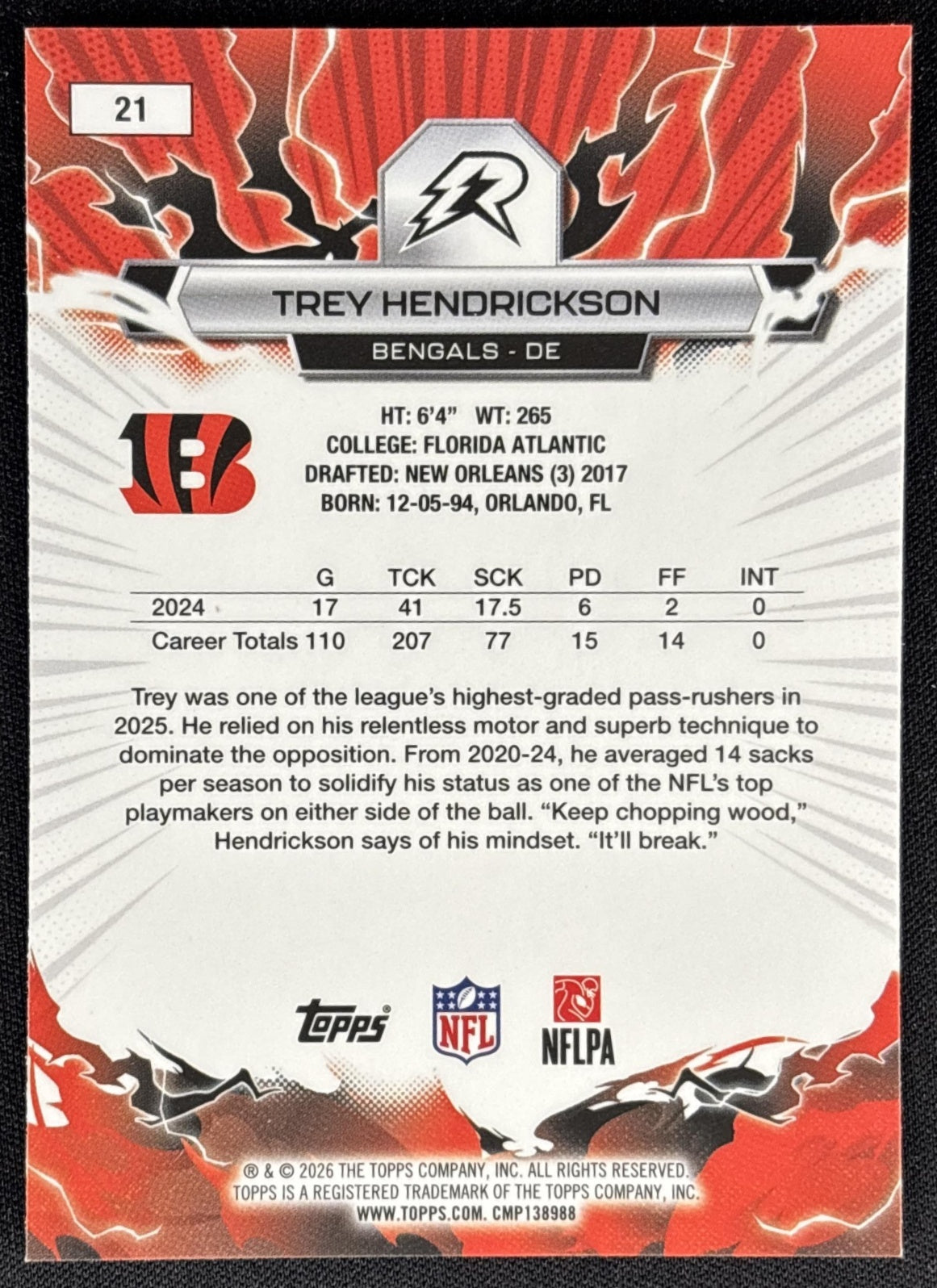Trey Hendrickson 2025 Topps Resurgence Blue and Orange Spark Refractor Bengals