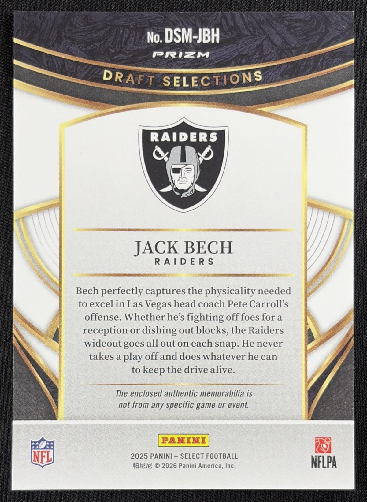 Jack Bech 2025 Panini Select Draft Selections Memorabilia Blue Prizm Raiders