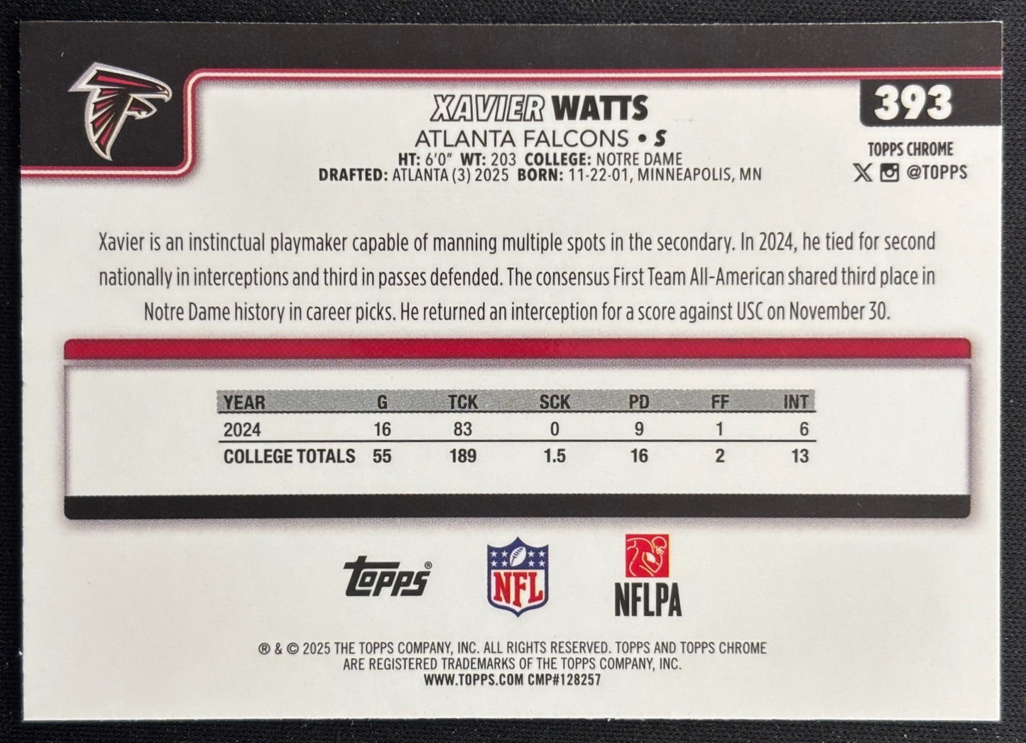 Xavier Watts 2025 Topps Chrome Rookie Falcons Sports Trading Cards