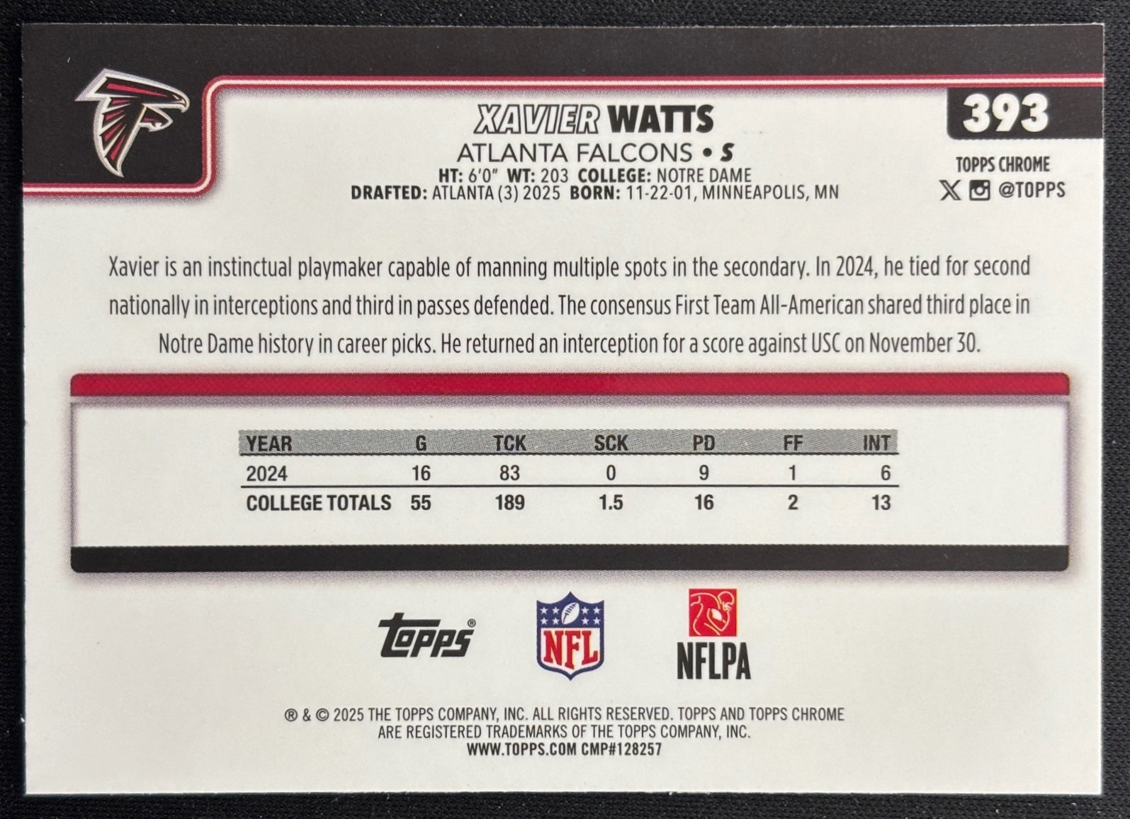 Xavier Watts 2025 Topps Chrome Rookie Falcons Sports Trading Cards
