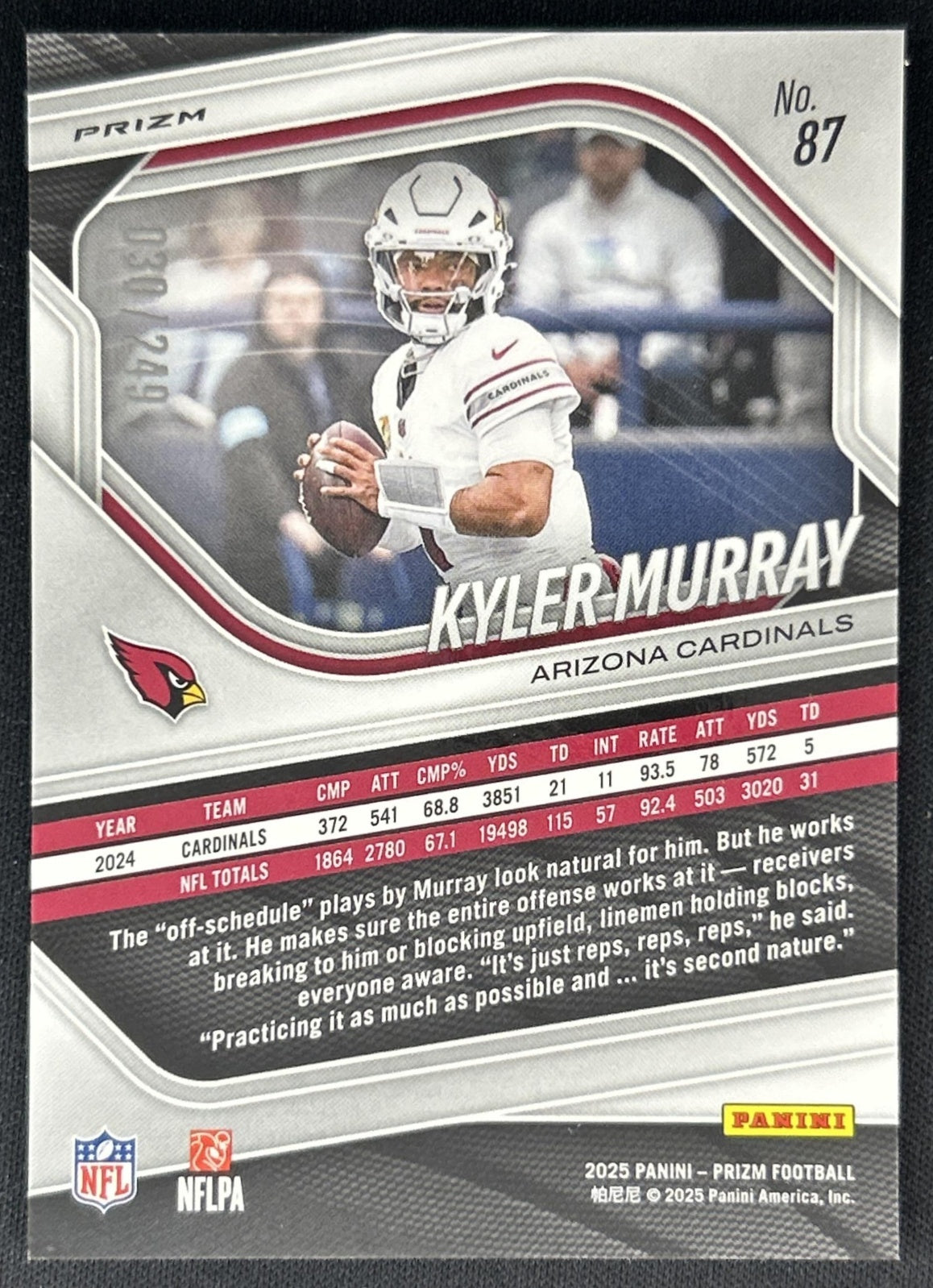Kyler Murray 2025 Panini Prizm Orange /249 Cardinals back