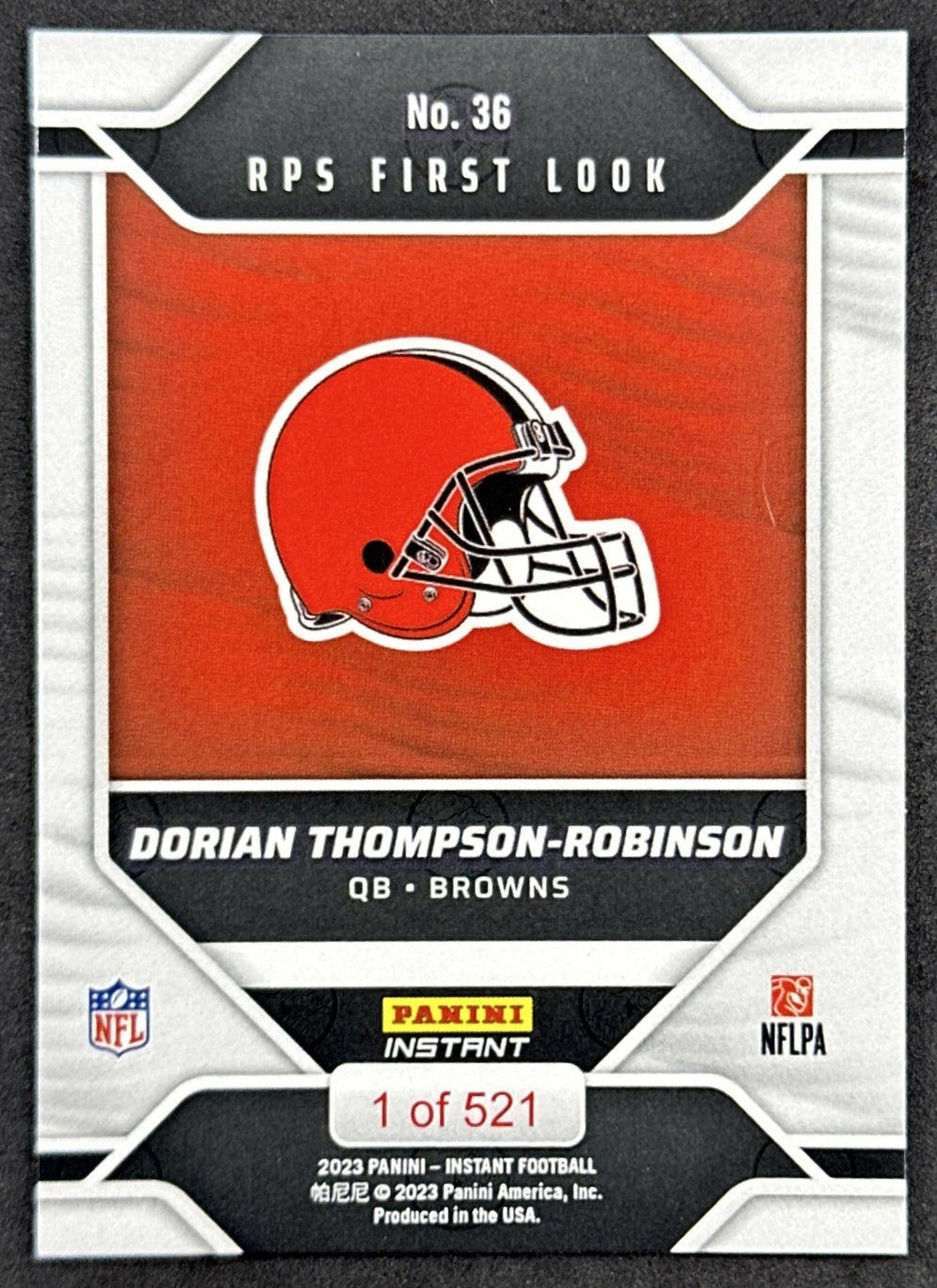 Dorian Thompson-Robinson 2023 Panini Instant Rookie Premiere /521 Browns back sports trading card