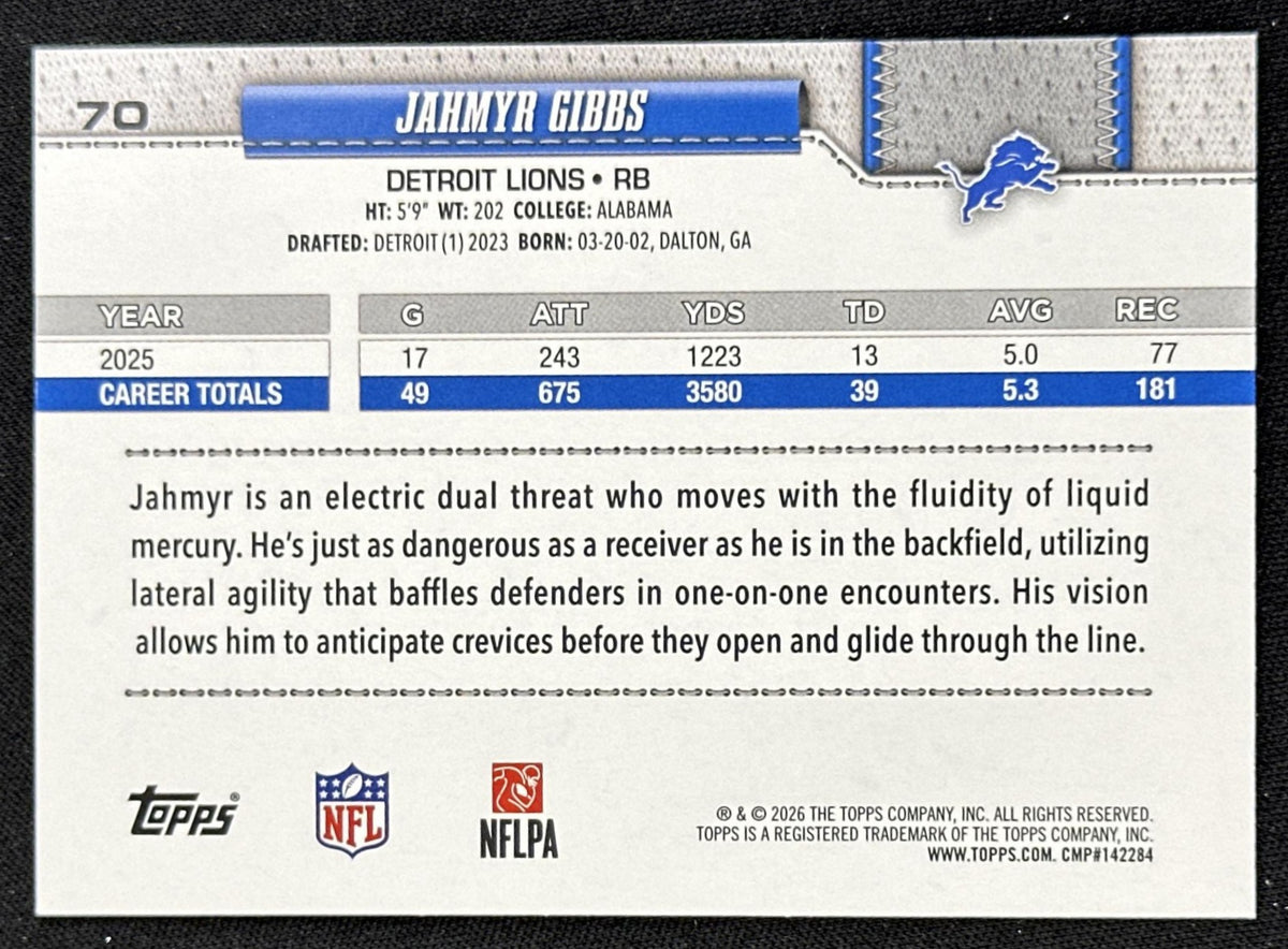 Jahmyr Gibbs 2026 Topps Flagship Fanatics Foil Lions