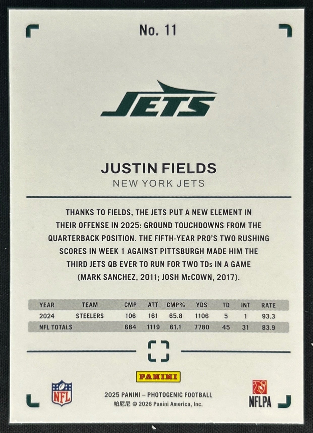 Justin Fields 2025 PhotoGenic Jets Sports Trading Cards