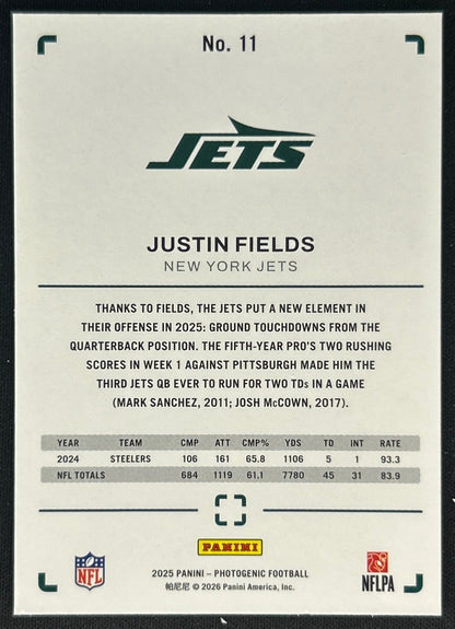 Justin Fields 2025 PhotoGenic Jets Sports Trading Cards