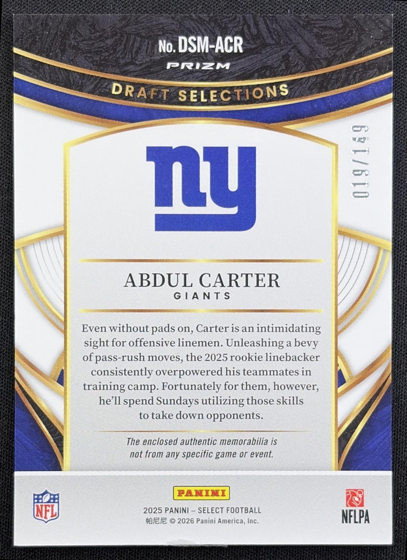 Abdul Carter 2025 Panini Select Draft Selections Memorabilia Silver Prizm /149 Giants - back
