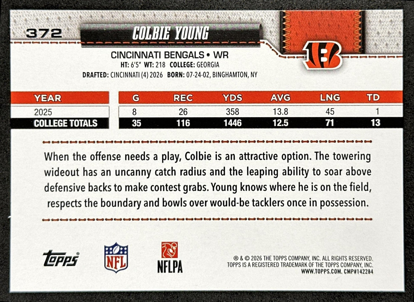Colbie Young 2026 Topps Flagship Rookie Bengals Sports Trading Cards