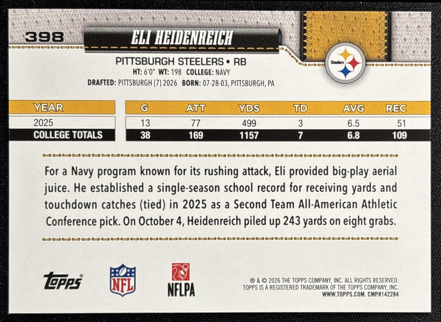 Eli Heidenreich 2026 Topps Rainbow Foil Steelers