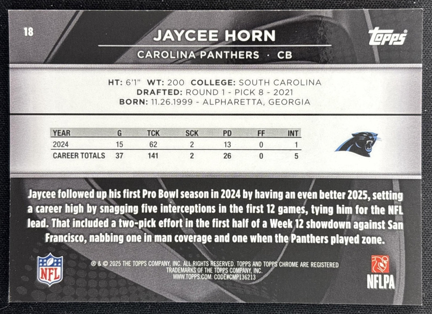 Jaycee Horn 2025 Topps Chrome Black Gold Mini-Diamond Refractor /50 Panthers Back