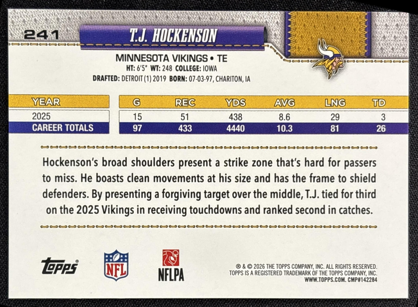 T.J. Hockenson 2026 Topps Football Leather Foil Vikings