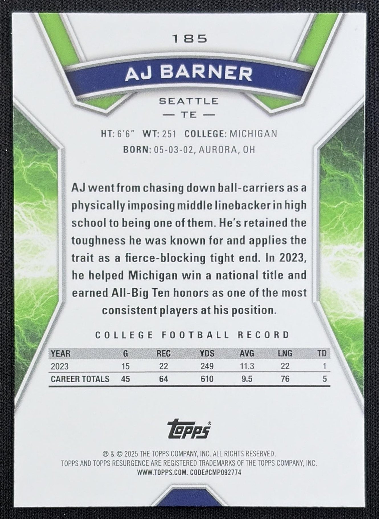 AJ Barner 2024 Topps Resurgence Yellow Surge /225 Seahawks Seattle Seahawks