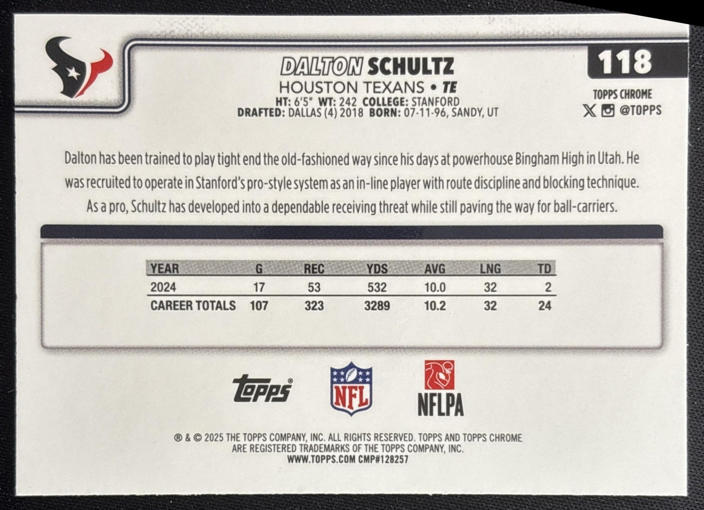 Dalton Schultz 2025 Topps Chrome Green Lava Refractor /99 Texans Sports Trading Cards