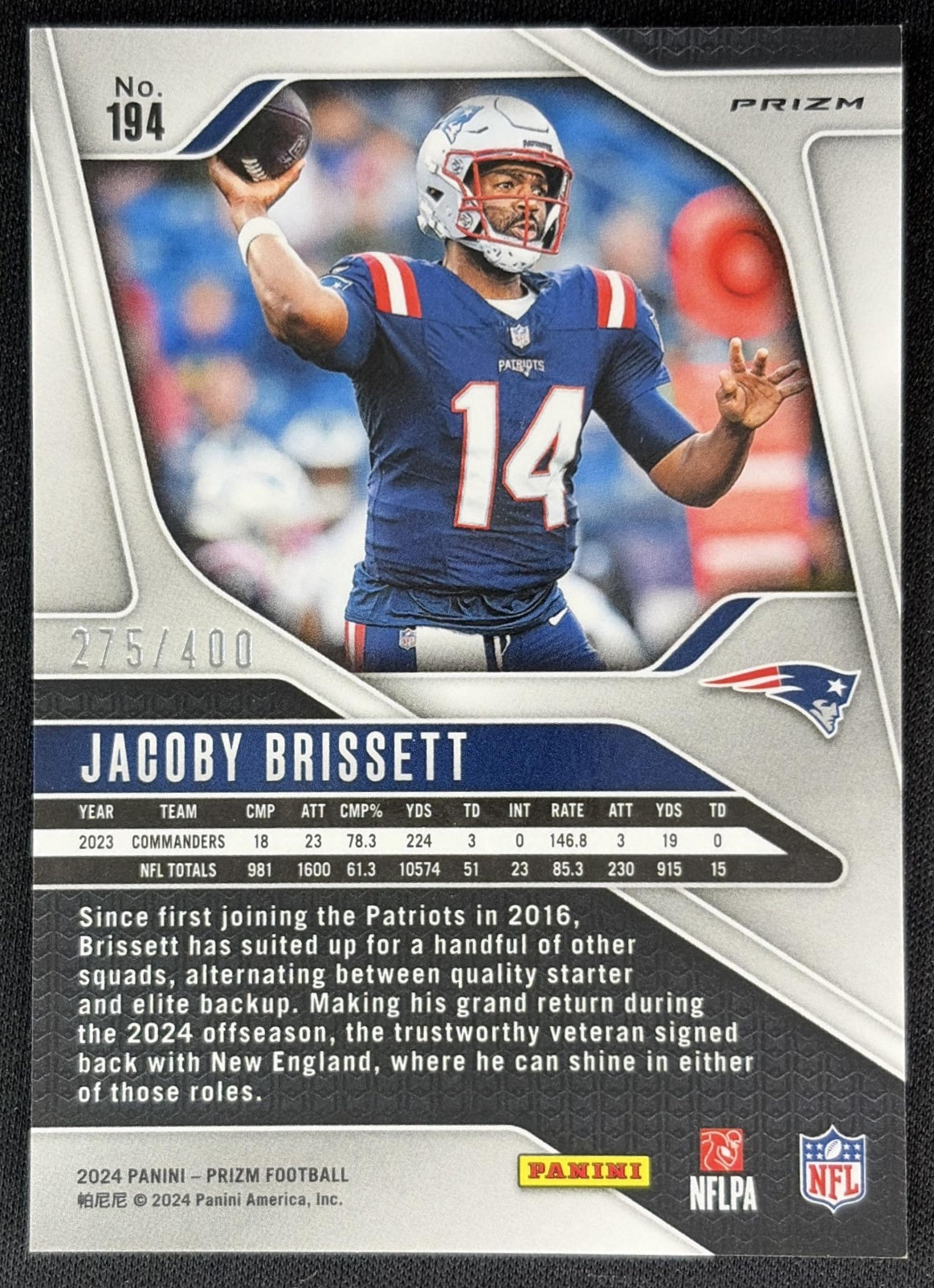 Jacoby Brissett 2024 Panini Prizm Pandora /400 Patriots Back