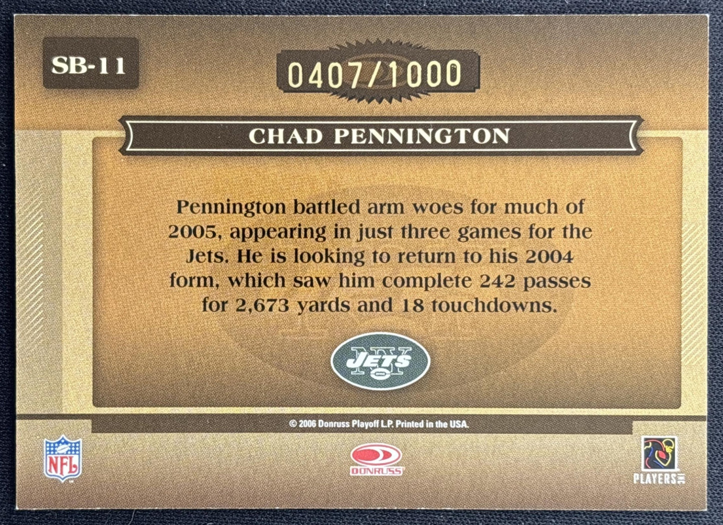 Chad Pennington 2006 Donruss Classics Sunday's Best Bronze /1000 Jets back