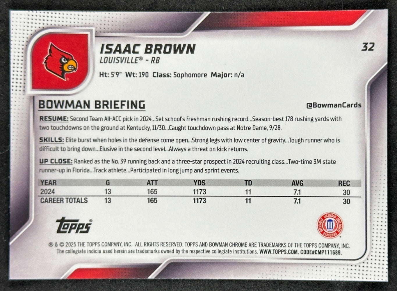 Isaac Brown 1st Bowman Chrome Louisville Cardinals Sports Trading Cards