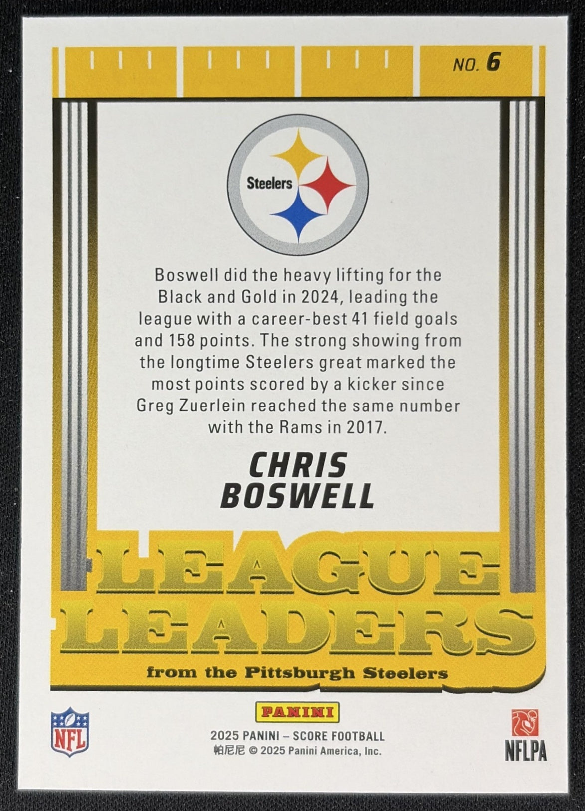 Chris Boswell 2025 Panini Score League Leaders Steelers Back