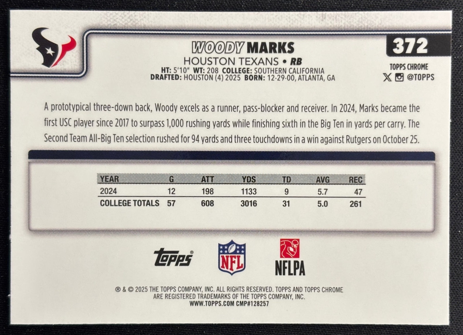 Woody Marks 2025 Topps Chrome Rookie Texans Sports Trading Cards