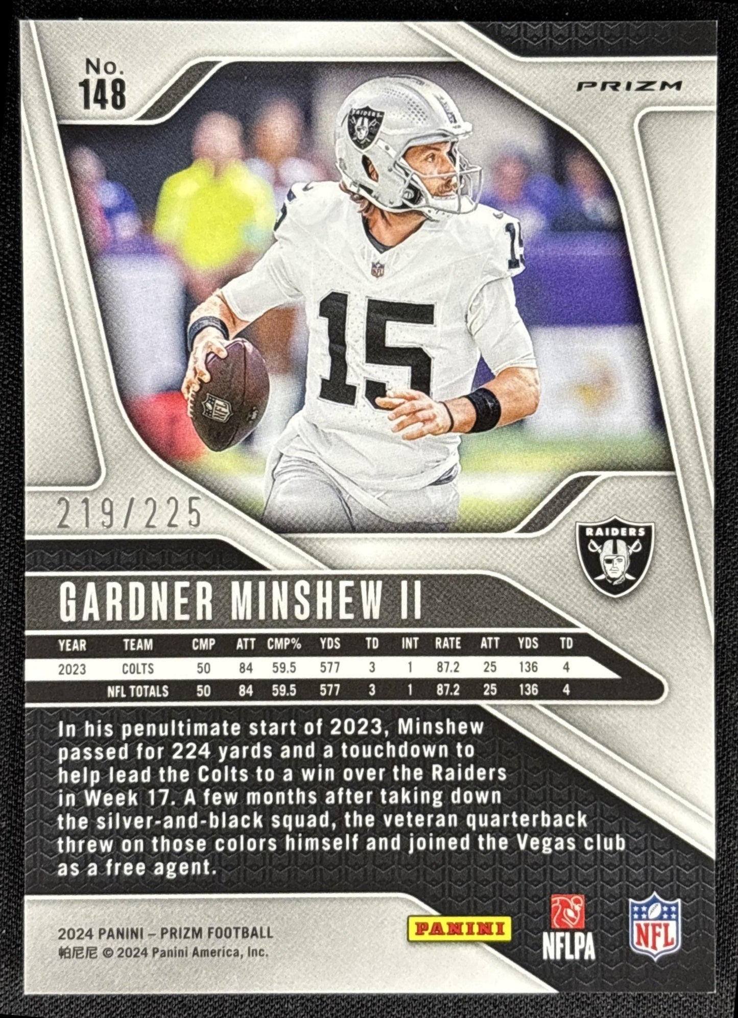 Gardner Minshew II 2024 Panini Prizm Purple Ice /225 Raiders