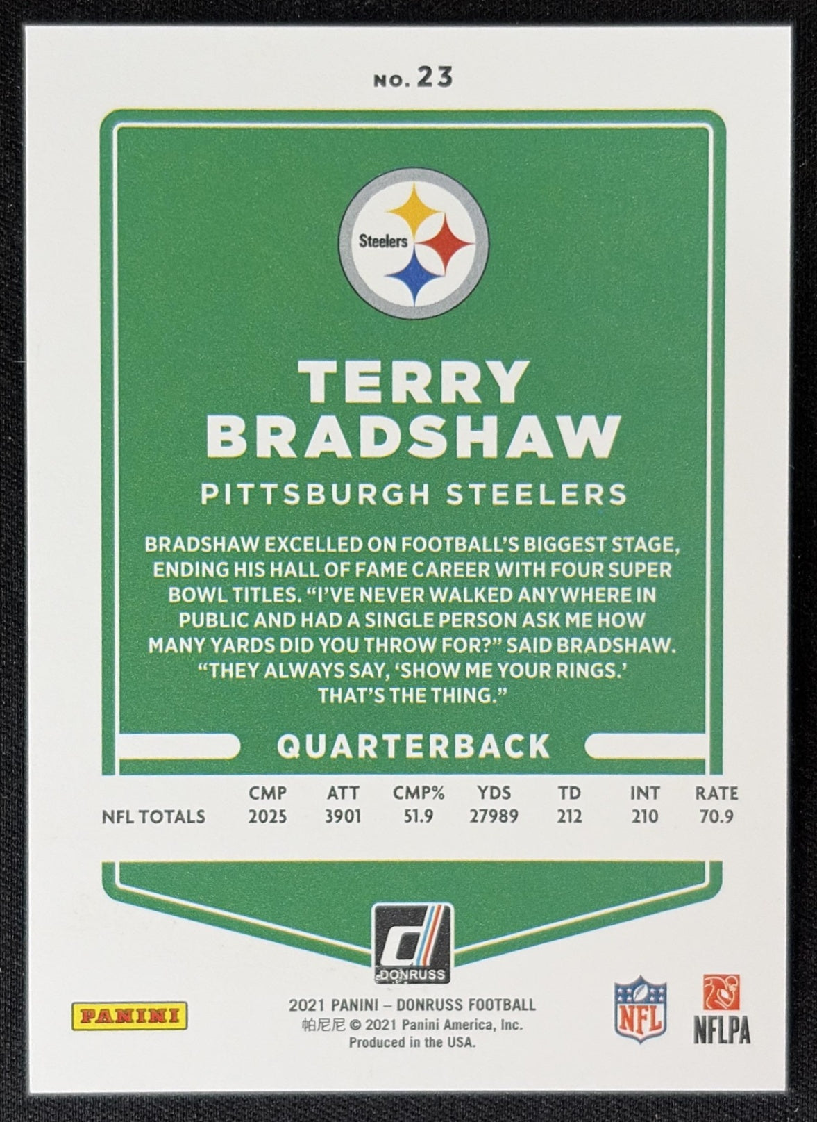 Terry Bradshaw 2021 Panini Donruss Press Proof Premium Steelers - Pittsburgh Steelers