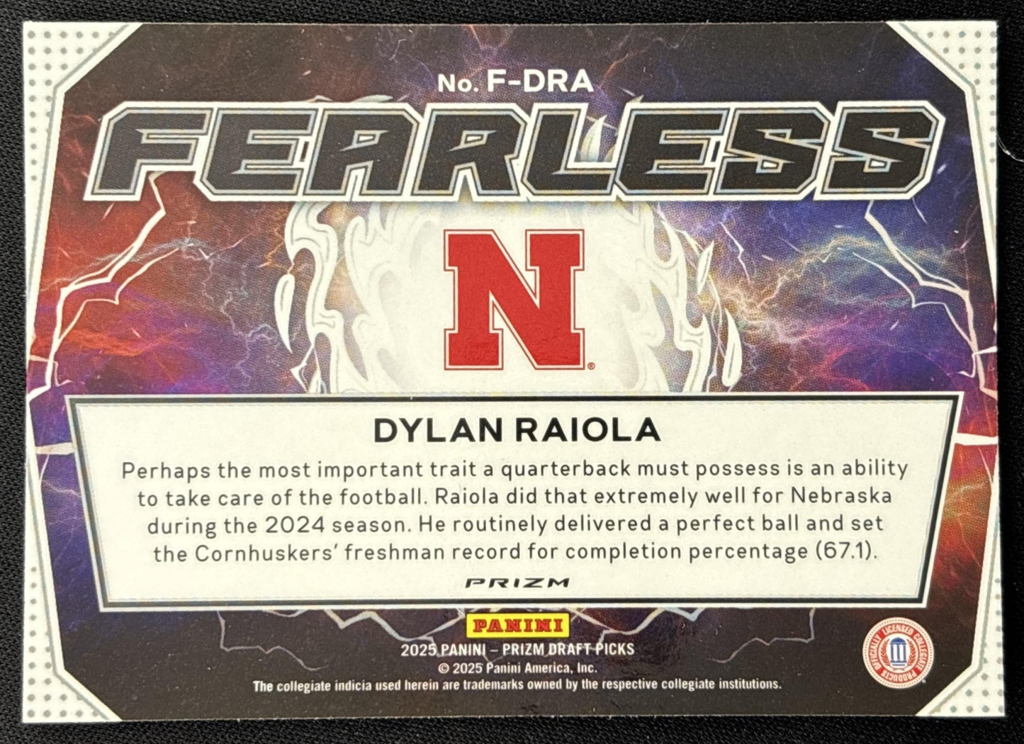 Dylan Raiola 2025 Panini Prizm Draft Picks Fearless Red Ice Cornhuskers back