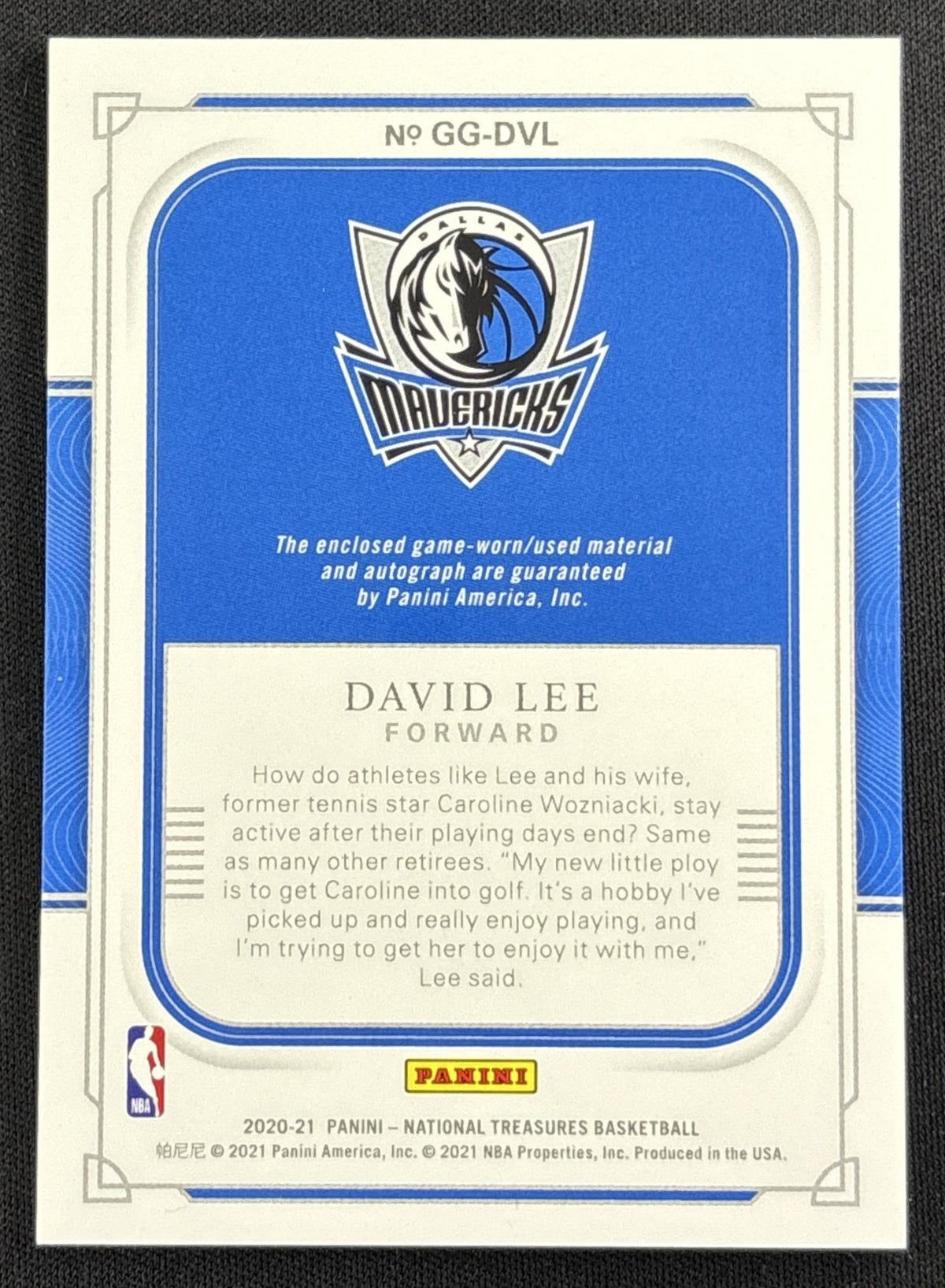 David Lee 2020 Panini National Treasures Game Gear Auto /99 Mavericks