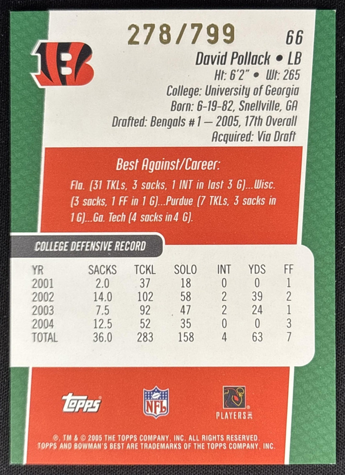 David Pollack 2005 Bowman's Best Green /799 Bengals Sports Trading Cards