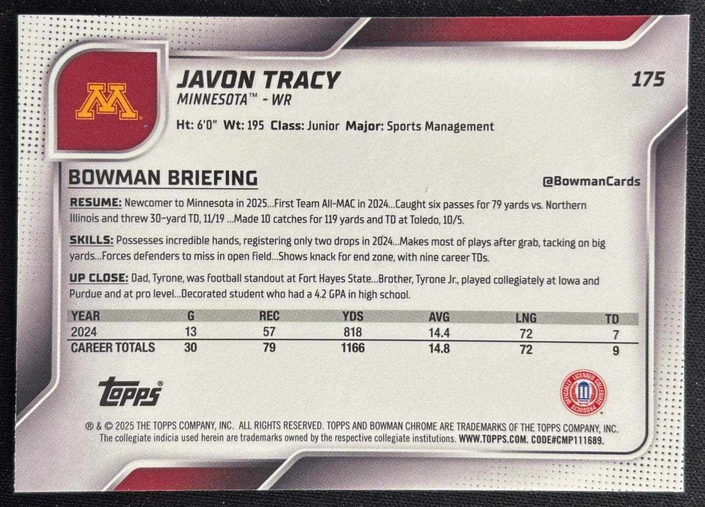 Javon Tracy 2025 Chrome University Sapphire Prospect Golden Gophers Sports Trading Card