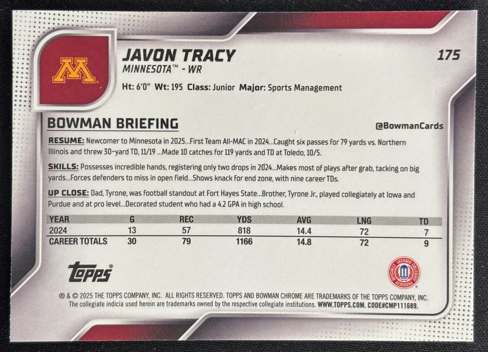Javon Tracy 2025 Chrome University Sapphire Prospect Golden Gophers Sports Trading Card
