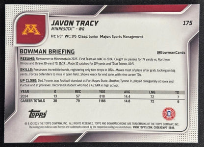 Javon Tracy 2025 Chrome University Sapphire Prospect Golden Gophers Sports Trading Card