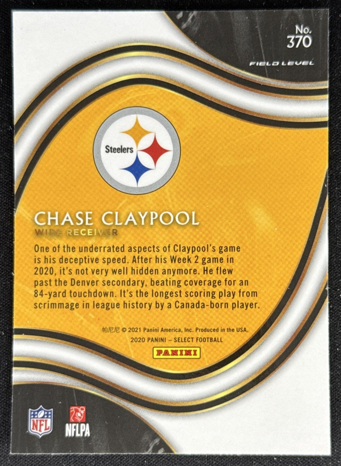Chase Claypool 2020 Panini Select Steelers Sports Trading Card