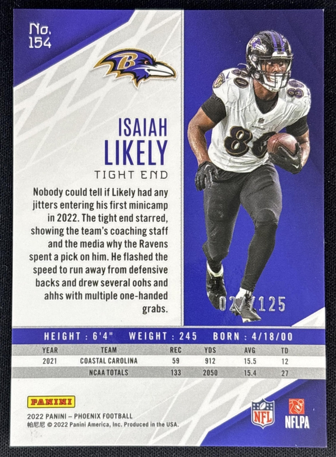 Isaiah Likely 2022 Panini Phoenix Purple /125 Ravens Back