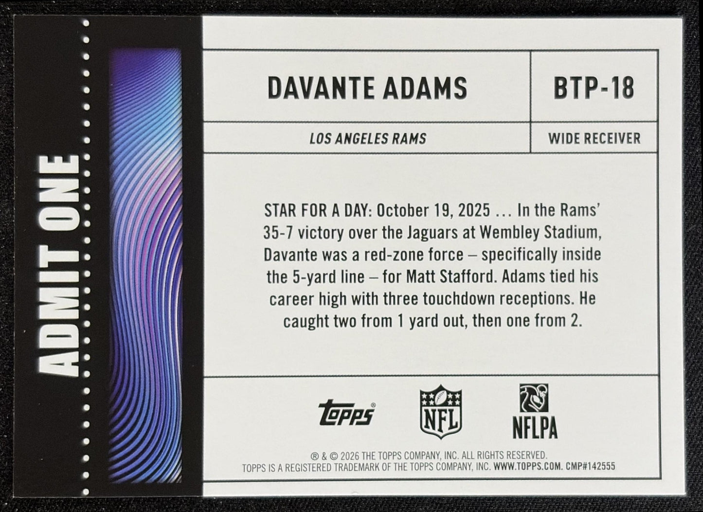 Davante Adams 2026 Topps Big Ticket Players Rams back